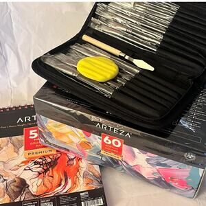 Art Bundle Arteza 60 Acrylic Paints 50-Sheet Drawing Pad - Paint Brush Set NEW